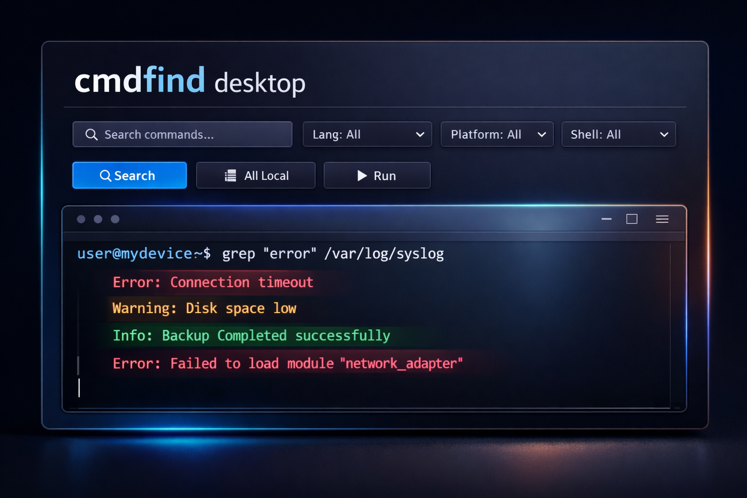 Screenshot der Cmdfind Projektseite