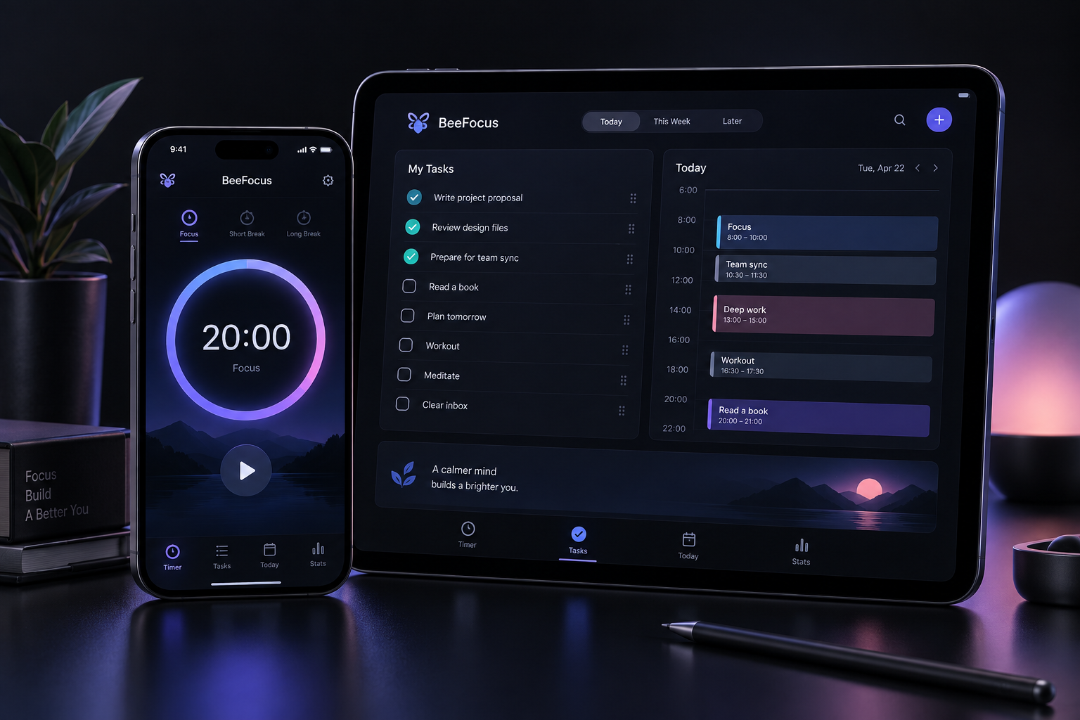 BeeFocus Produktvisual: Fokus-Timer auf dem iPhone und Aufgabenplanung auf dem iPad.