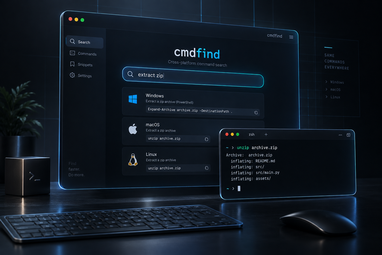 Cmdfind Produktvisual: schwebende Befehlssuche und Terminal mit cyanfarbener Beleuchtung.