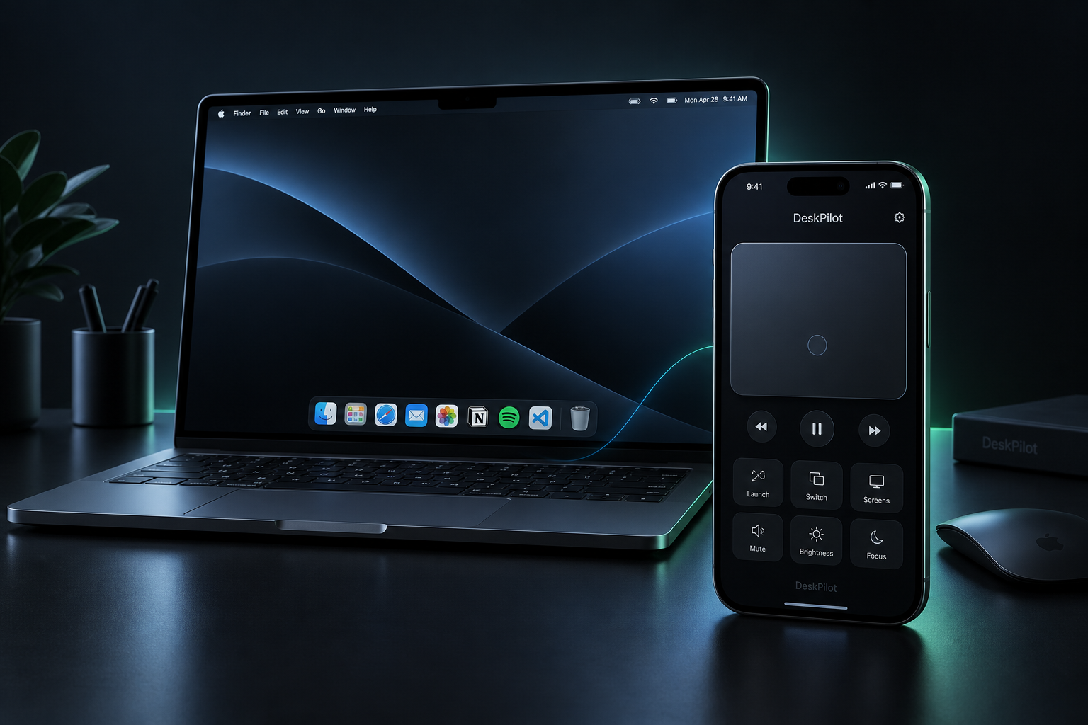 DeskPilot Konzeptvisual: iPhone mit Trackpad und Mediensteuerung vor einem MacBook.